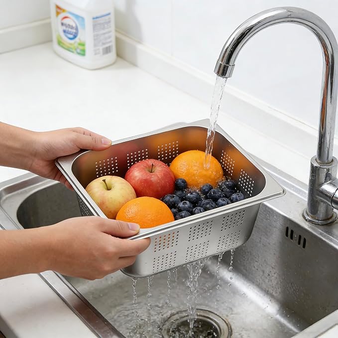 2 Pcs 8L Filtering Pans 6in Deep Anti-Jam Perforated Pan Stainless Steel Steam Pan Filter Basket 1/2 Vegetable Fruit Wash Basin Food Pan Chafing for Hotel Catering Kitchen Restaurant