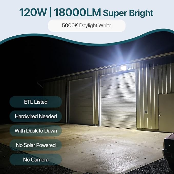 LED Wall Pack Light: 120W 18000lm LED Security Flood Lighting with Dusk to Dawn Photocell - Glass Lens Outdoor LED Wall Lights 2Pakcs for Yard ETL Listed