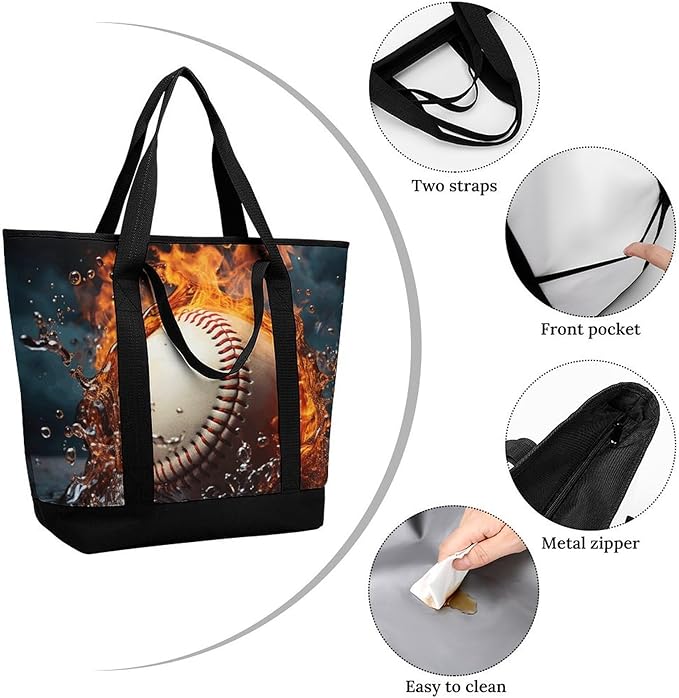 Insulated Shopping BagLarge Reusable Cooler Bags Fire Water Baseball Ball Printed Foldable Shopping BagTravel Waterproof Shoulder Bag
