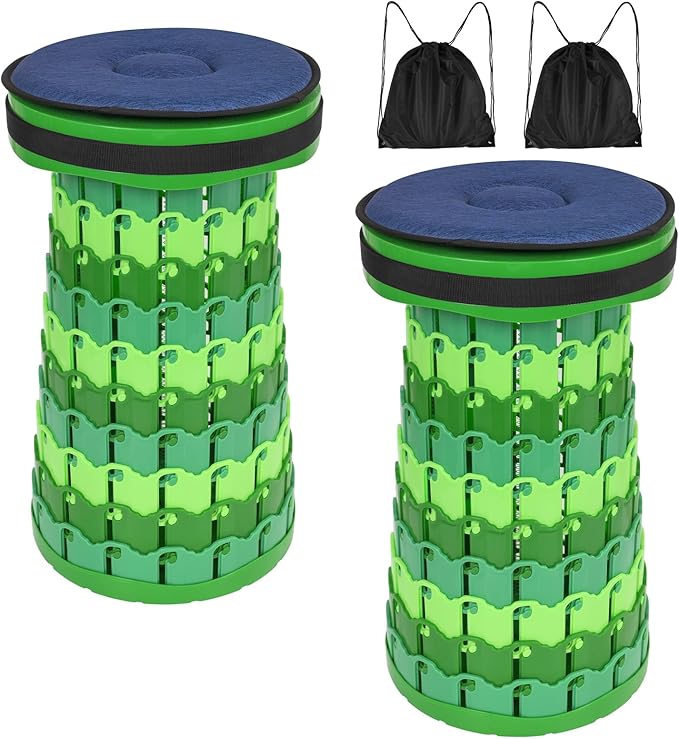 2 Pack Upgraded Folding Stool 19.7 Collapsible Stool Height Max Weight 1000lbs Portable Telescoping Seat with Cushion and Storage BagRetractable Folding Chair for Camping Hiking Outdoor BBQ-Green
