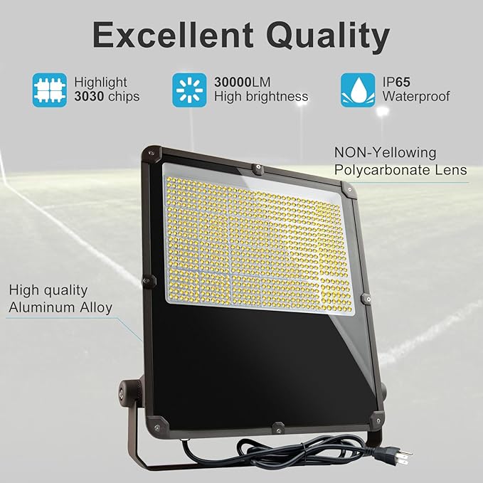 200W LED Flood Light Outdoor 30000Lm Led Stadium Light with Dusk to Dawn photocell IP65 AC100-277V Commercial Area Lighting with Plug for Backyard/Basketball Court-2Pack