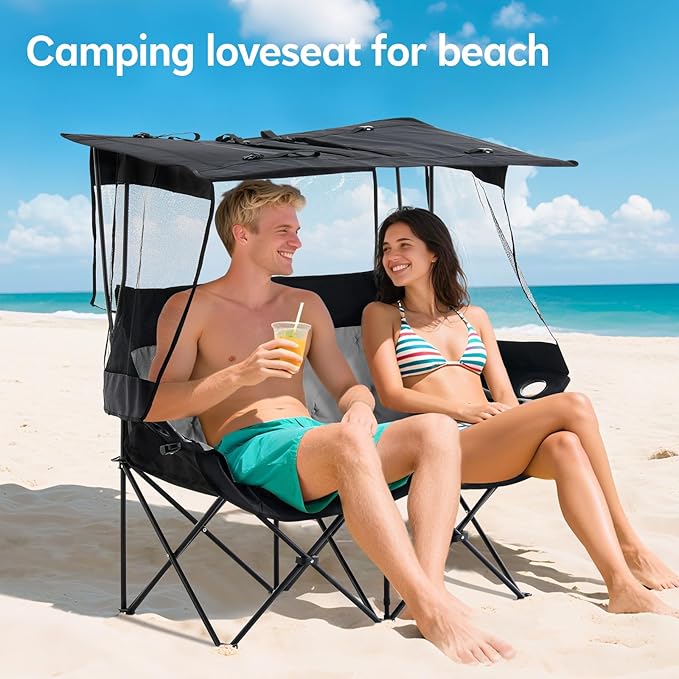 Outdoor Folding Chair with Umbrella Camping Chairs Loveseat Double Oversized Outdoor Chair with Cup Holder&ampCanopy Shade for BBQ Beach Fishing Easy Fold and Carry (Black+Grey)