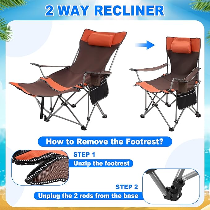 2 Set Reclining Camping Chair with Umbrella Clamp Adjustable Beach Chair with Foot Rest SPF 50+ Folding Shade Camping Lounger Recliner for Adult Outdoor(OrangeGreenOxford)