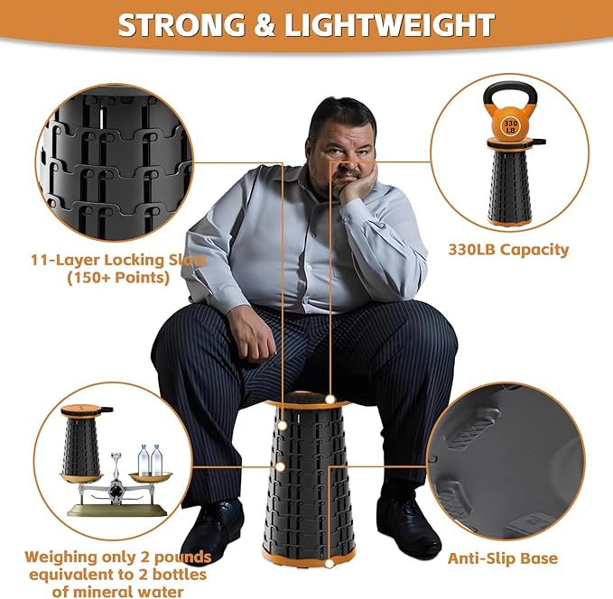 Collapsible Stool - Lightweight Portable Folding Stool for Camping 330lb Capacity Telescoping Stool Adjustable Height(2.3-17.7) for Camping Fishing Travel