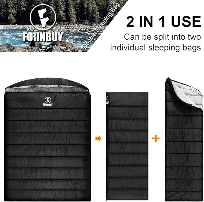 Double Sleeping Bag for Adults 3-Season Queen Size 2 Person Waterproof Sleeping Bag for Couples &amp Family Extra Soft &amp Large Camping Sleeping Bag for RV Travel Home Use (Fits Up to 6'2)