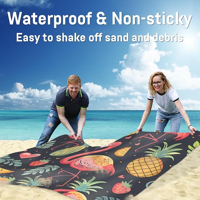 Waterproof Sandproof Beach Blanket 59''×68'' Flamingos Polyester Outdoor Picnic Blanket with 4 Stakes &amp Storage Bag for BeachCampingVacation Pineapple