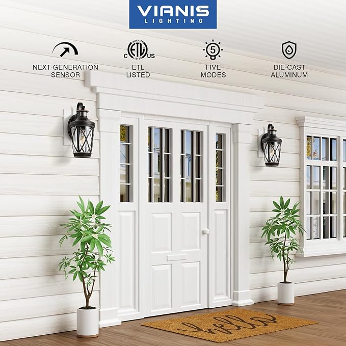 VIANIS Motion Sensor Outdoor Porch Lights Modern Dusk to Dawn Exterior Wall Light Fixtures Oil Rubbed Bronze Gold Trim Wall Lanterns for Garage Waterproof Coach Lights with Adjustable Sense Range