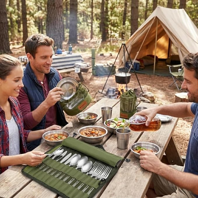 Wealers Unique Complete Messware Kit Polished Stainless Steel Dishes Set| Tableware| Dinnerware| Camping| Buffet| Includes - Cups | Plates| Bowls| Cutlery| Comes in Mesh Bags (4 Person Set)