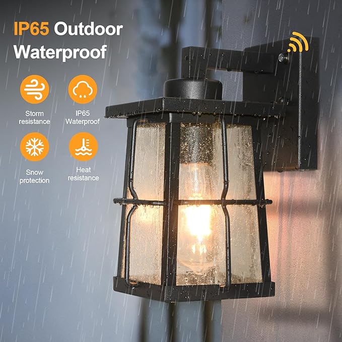 ALVIME Dusk to Dawn Outdoor Wall Lights 10 Inch Exterior Front Porch Light Fixtures Waterproof Outdoor Wall Lantern for House Door Entryway Garage Patio E26 Base&ampClear Seedy Glass
