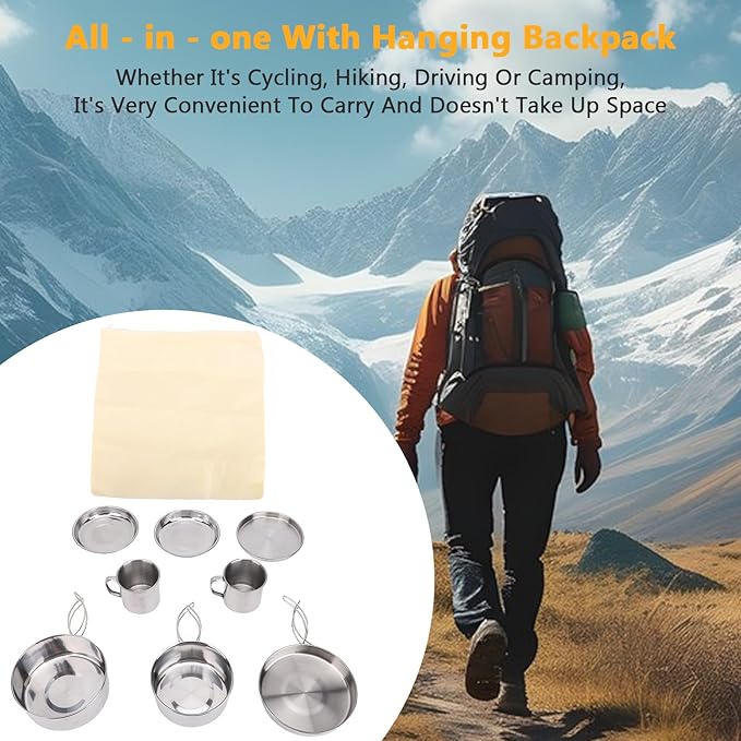 8PCS Stainless Steel Camping Cooking Set Cookware Mess Kit Cook Pots and Pan Set with Plates Cups Lightweight Camping Cookware for Hiking Backpacking Outdoor Cooking and Picnic