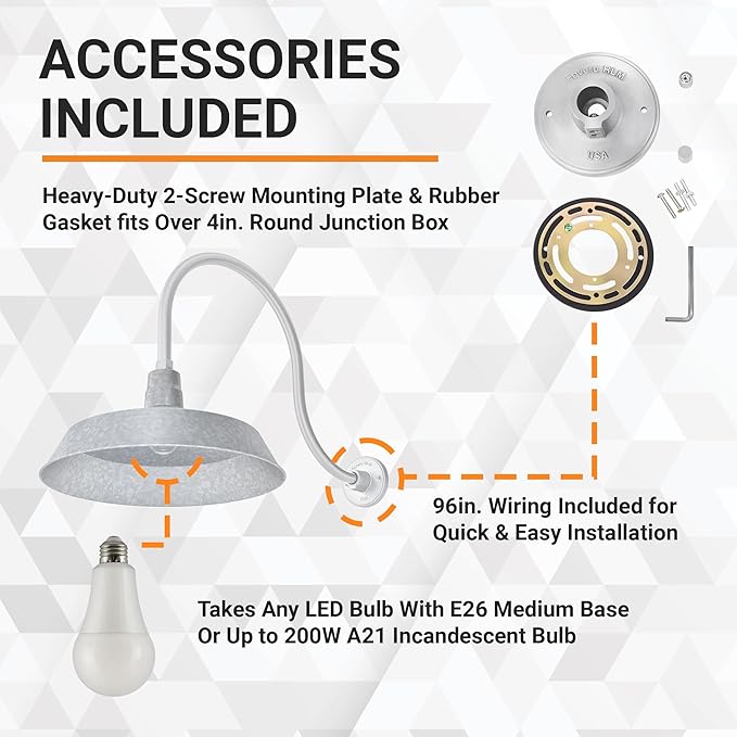 17in. Galvanized Finish Outdoor Gooseneck Barn Light Fixture with 24in. Long Extension Arm - Wall Sconce Farmhouse Vintage Antique Style - UL Listed - 9W 900lm A19 LED Bulb (5000K Cool White)