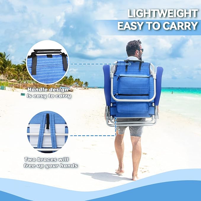 OFIKA Backpack Beach Chairs for Adults Folding Beach Chairs with 5 Adjustable PositionsCamping Chairs with HeadrestTowel RackLarge Pockets and Cup HolderSupports up to 300lbs (Navy Blue 2pack)