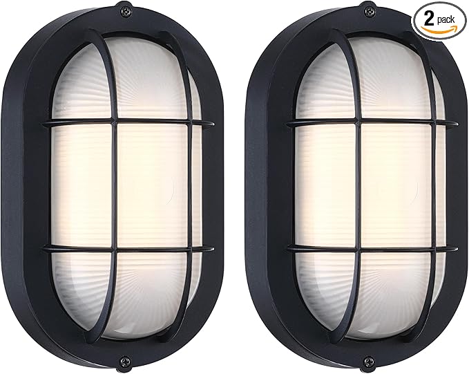 GRUENLICH 8.5'' Oval Outdoor Wall Lights Dimmable LED Bulkhead Light Sauna &amp Exterior Lighting ETL Rated 6W 600 Lumen 3000K Warm White Black Cast Aluminum Wall/Ceiling Mount 2-Pack