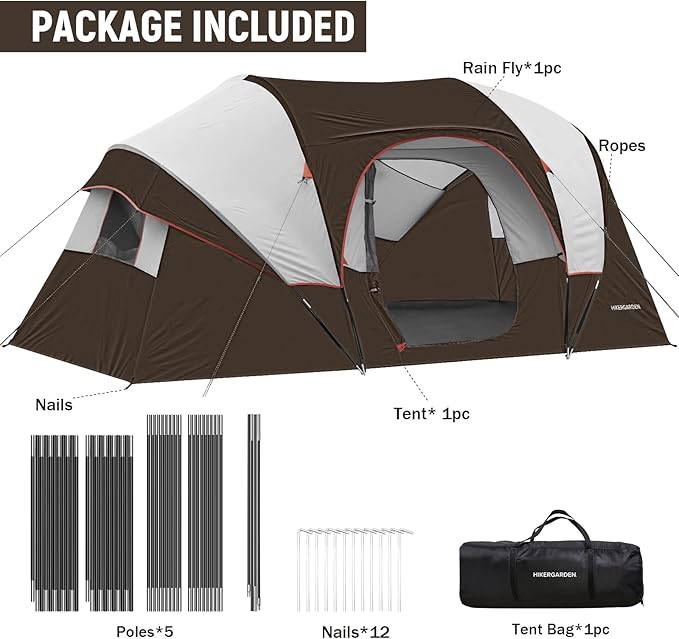 HIKERGARDEN 10 Person Camping Tent - Portable Easy Set Up Family Tent for Camp Windproof Fabric Dome Tent Outdoor for Hiking Backpacking Traveling-14'x11'x74in(H)