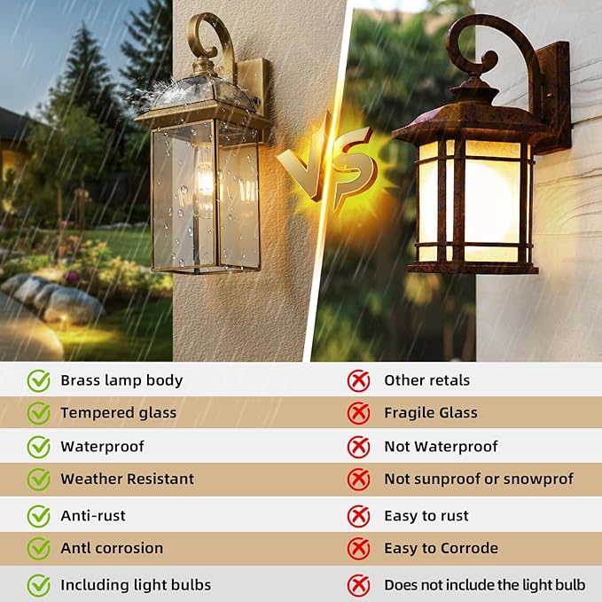 Brass Rustproof Outdoor Wall Sconces 2-Pack - All-Weather Waterproof Porch Lanterns with E26 Socket Front Door Exterior Lights for Yard Entryway