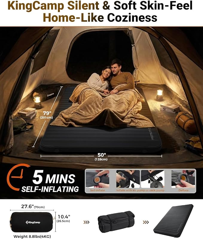 KingCamp Premium Double Self Inflating Sleeping Pad 7.5 R-Value Air &amp Foam Camping Mattress 2 Person 3 Thick Double Size Insulated Sleeping Pad with Pump Sack for Car Camp Tent PVC Free Black