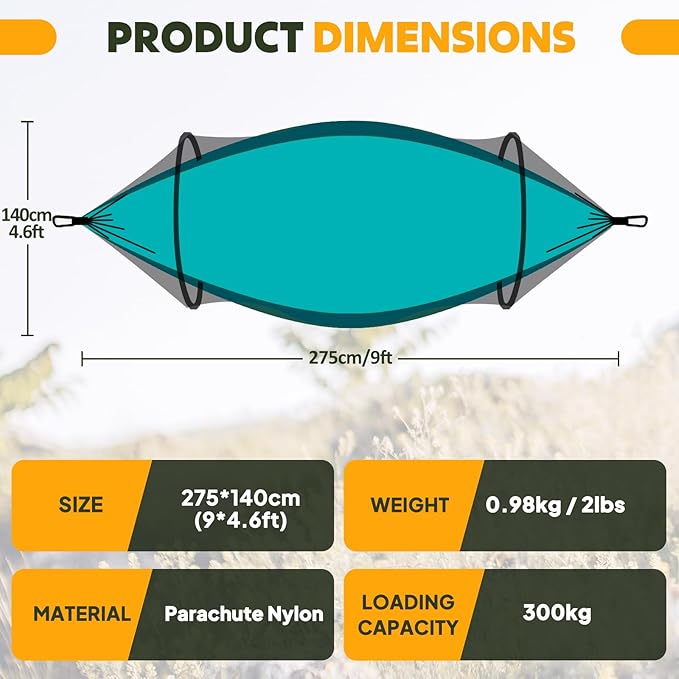 Chihee Ultra-Light Travel Camping Hammock Pop-up Net Hammock 660lbs Load CapacityBreathableQuick-Drying Parachute Nylon 2 Premium Carabiners2 Tree Slings Included for Outdoor Backpacking Hiking