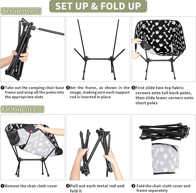 Black White Dog Paw Bone Camping Chair Lightweight Portable Chairs for Adults Easy Installation Outdoor Foldable Camping Chair for Camping Fishing Hiking Picnic Beach