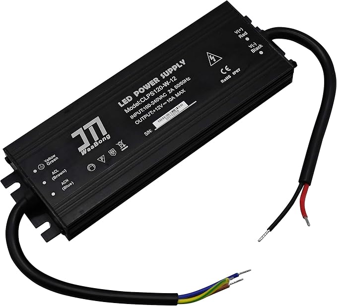 Power Supply 12VDC 10A 120W Waterproof IP67 Outdoor Aluminum 18mm Slim 110V 120V 12V Converter Constant Voltage for DC 12Volt LED Strip Lights Signs (CLPS120-W-12)