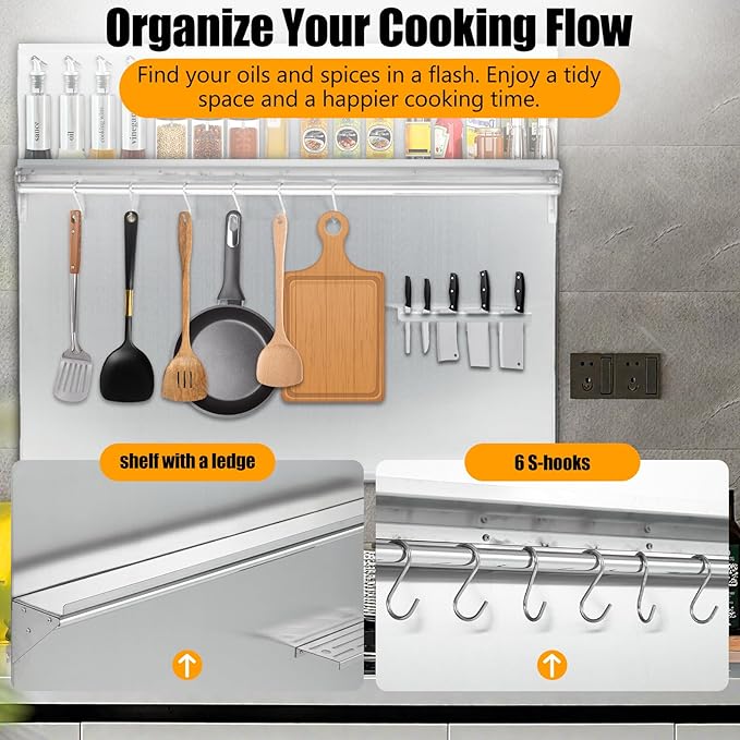 30x30 Stainless Steel Range Backsplash for Stove Hood Wall Mount Panel with Storage Shelf &amp Knife Rack Commercial Backsplash Shield Pre-Drilled Holes for Easy Installation