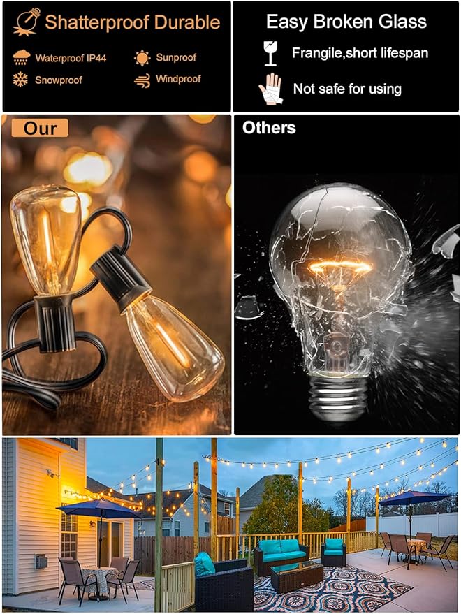 DAMAING String Lights for Outside 300FT shatterproof connectable Patio Lights Outdoor 3 Pack x 100FT with 156 PCS Vintage dimmable LED Edison BulbsWaterproof Hanging Lights for BackyardDeck