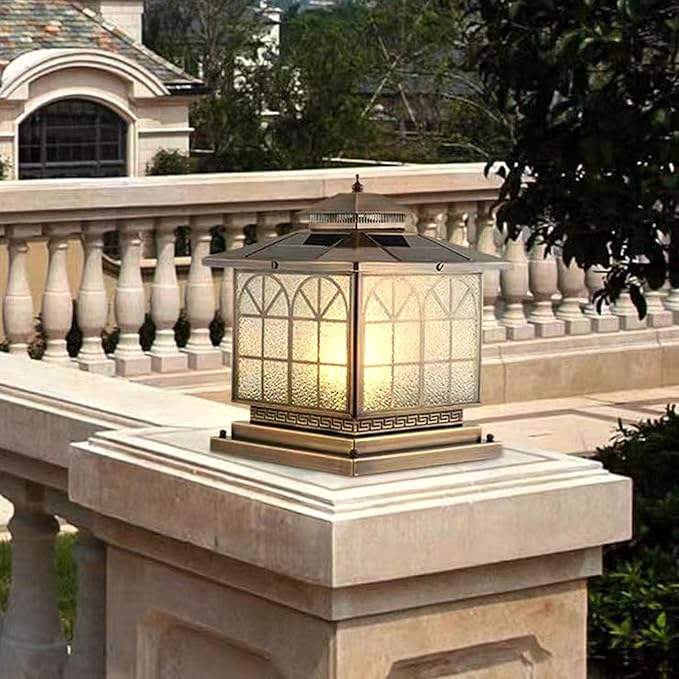 Copper Solar Outdoor Post Lights Vintage Patio Lawn Column Lamp Deck Lights Lantern Fence Lamp Fixture Luxury Landscape Lighting (Solar 12x12in Copper Brown)
