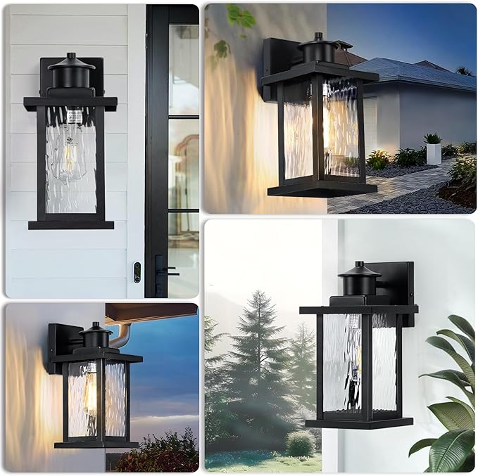 12'' Outdoor Light Fixture 2 Packs Outdoor Wall Lights Exterior Wall Sconce with Water Ripple Glass Waterproof Porch Light Lantern Wall Mounted Modern Black Outside Lights for House Patio Garage