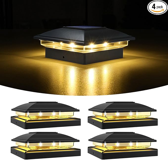 VOLISUN Solar Post Cap Light Outdoor Waterproof 4packSolar Fence - Post Lights for 4x4 5x5 6x6 Wooden/Vinyl PostBlack Deck Post Cap Light Solar Powered with Warm White for Garden/Patio/Porch