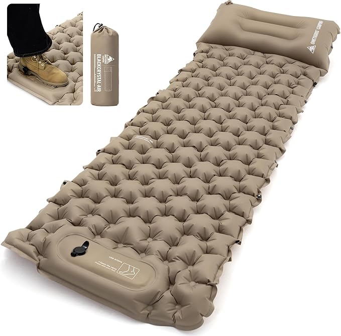 ONETIGRIS BLACKCRYSTAL Camping Sleeping Pad with Built-in Foot Pump Inflatable Sleeping Pad with Built-in Pillow Connectable Camping Air Mattress for Backpacking HikingTent Camping Lightweight