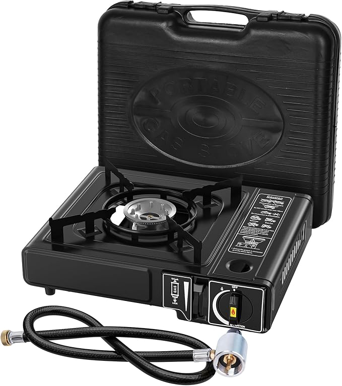 7800 BTU Dual Fuel Camp Stove Butane or Propane Portable Stove for Camping Lightweight Portable Camping Stove Propane Adapter Hose and Carrying Case Included