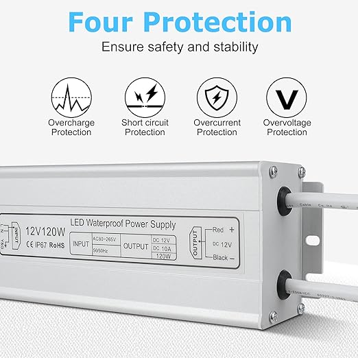 inShareplus LED Power Supply 120W IP67 Waterproof Outdoor DriverAC 80-265V to DC 12V 10A Low Voltage Transformer Adapter with 3-Prong Plug for LED Light Computer Project Outdoor Use