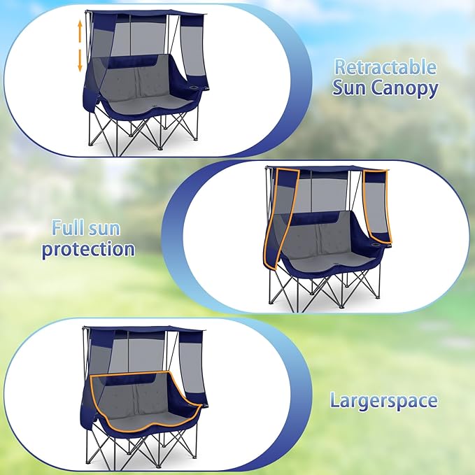 Double Camping Chair with Canopy Shade 660lbs Heavy Duty Beach Chair Portable Folding 2 Person Camping Loveseat with Cup Holder and Storage Bag for Lawn Beach Outdoor Sport(Blue and Grey)
