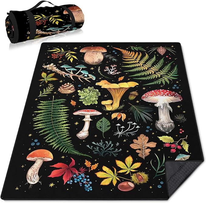 Mushroom Picnic Blankets Waterproof Foldable 80″X80″Thick Three Layer Picnic Mat Outdoor Blanket for Grass Large Beach Blanket Sandproof Picnic Accessories for Camping Party Park Patio