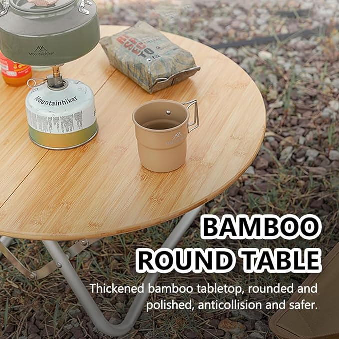 Topyond Camp Table Portable Aluminum Alloy Folding Round Table Lightweight Bamboo Top Camping Table Aluminum Folding Tab for Camping Picnic Self Driving Travel