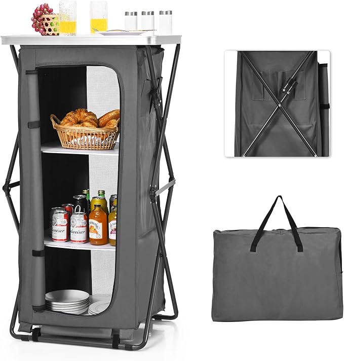 Goplus Folding Camping Storage Cabinet Pop Up Outdoor Camping Kitchen Station with Large 3-Tier Storage Organizer Carry Bag Easy Set Up Portable Compact Camping Table for BBQ Picnic Backyard (47'')