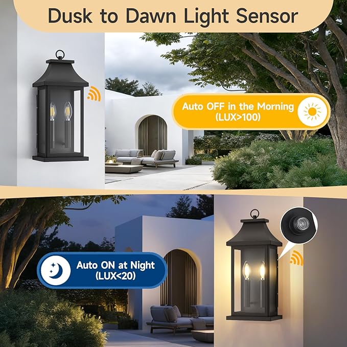 Large Outdoor Wall Lights Dusk to Dawn Outdoor Lighting Exterior Lighting Fixtures Wall Mount Wall Sconce Light Outdoor Lanterns for Porch Garage Black 18 2-Light 1-Pack