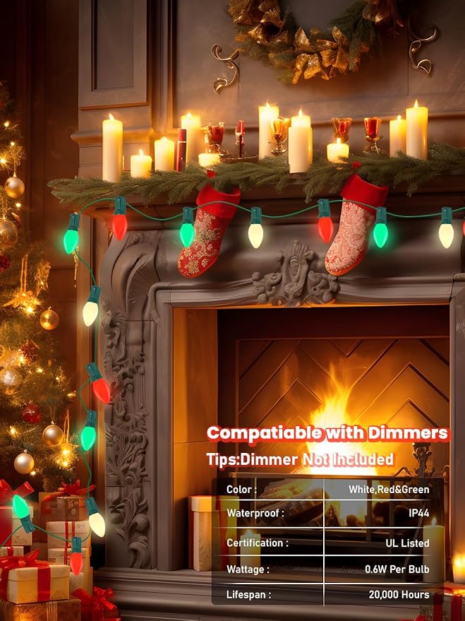 SUNSGNE C7 LED Christmas Lights Outdoor 25ft Vintage Christmas String Lights with 27 Red Green White LED Bulbs(2 Spare) for Patio Balcony Garden Roofline Decor E12 Base Socket