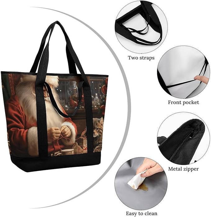 Insulated Shopping BagLarge Reusable Cooler Bags Christmas Santa Claus Sewing Tree Cat Printed Foldable Shopping BagTravel Waterproof Shoulder Bag