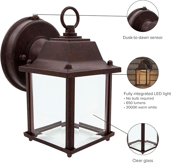 Maxxima LED Porch Lantern Outdoor Wall Light - Aged Bronze with Clear Glass 3000K Warm White 650 Lumens Dusk to Dawn Photocell Light Sensor Patio or Porch Sconce Fixture Exterior Lighting - Brown