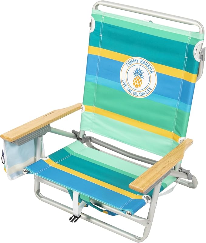 Tommy Bahama 5-Position Classic Lay Flat Backpack Cooler and Cup Holder Beach Chair Portable Folding Beach Chair for Tanning 2-Pack Stripe
