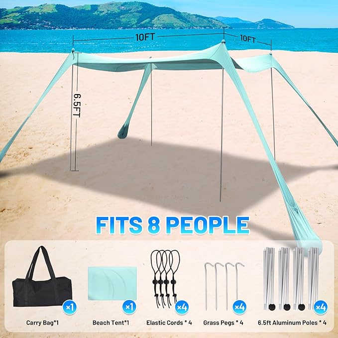 BOTINDO Family Beach Tent Canopy Sun Shade Pop Up Grande Beach Tent Sun Shelter Stability 4 Poles with Portable Carry Bag Outdoor Shade for Fishing Backyard Camping (Mint Green 10x10FT 4Pole)