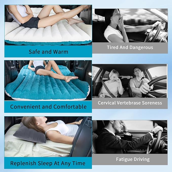 SUV Air Mattress Thickened and Double-Sided Flocking Travel Foldable Camping Bed for SUV Rear Seat and Trunk Camping Pickup Truck Bed Air Mattress 76x51x4.7Inch (White Blue)