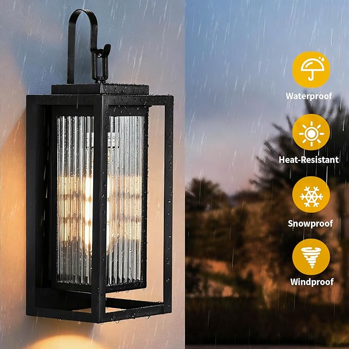 2 Pack Outdoor Wall Lights for House Exterior 18 Inch Large Black Modern Lantern with Dual Metal Frame &amp Textured Glass IP65 Waterproof (Bulbs Included)