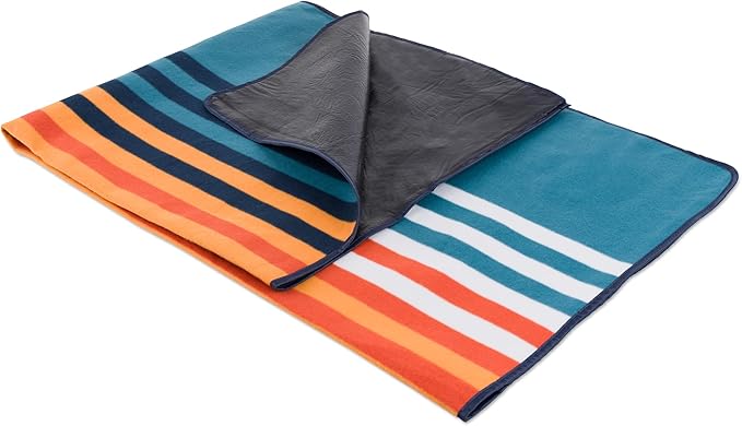 Picnic TIME Outdoor Picnic Blanket Tote 59x51 Foldable Beach &amp Camping Blanket with Soft Fleece Water-Resistant Bottom Adjustable Strap &amp Zippered Pocket (Marine Stripe)