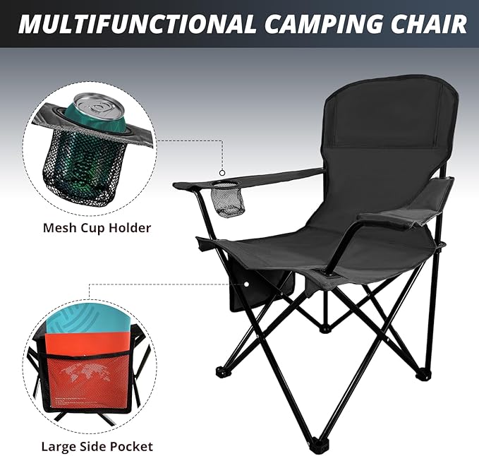 2PCS SAILARY Folding Outdoor Beach Camp Chair with Cup Holder Storage Pocket Waterproof Bag Outdoor Arm Chair Supports 225LBS Black