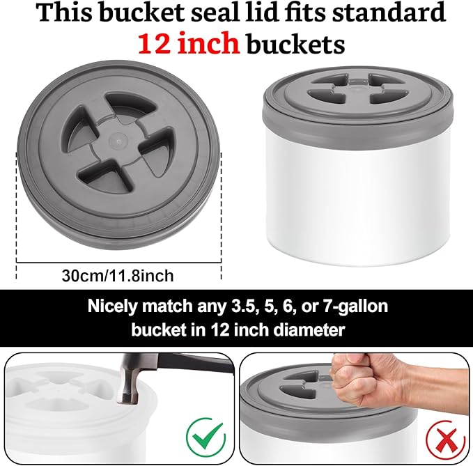 4 Pieces 5 Gallon Gamma Seal Lids Food Grade Leak-Proof Buckets Lids Plastic Screw Pail Lid for Pet Food Storage Chicken Feeders Paint Storage Compatible with Gamma (White+Grey)