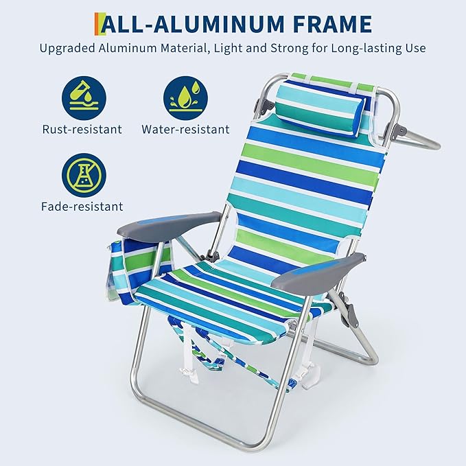 GarveeLife High Backpack Beach Chair for Adults 2 Pack Lightweight Portable Lay Flat Folding Beach Chair with 5 Positions Backpack Straps Phone Pocket Cup Holder Cooler Pouch &amp Towel Bar