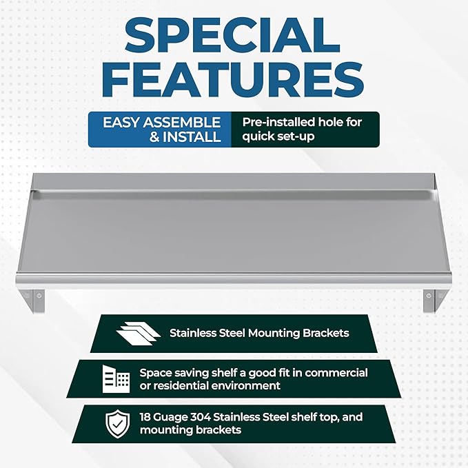 304 Stainless Steel Slanted Wall Rack Shelf with Drain Outlet – 42 x 22.5 | Commercial Wall-Mounted Drip Shelf for Bar Kitchen or Dish Station (42 in. x 22 1/2 in)