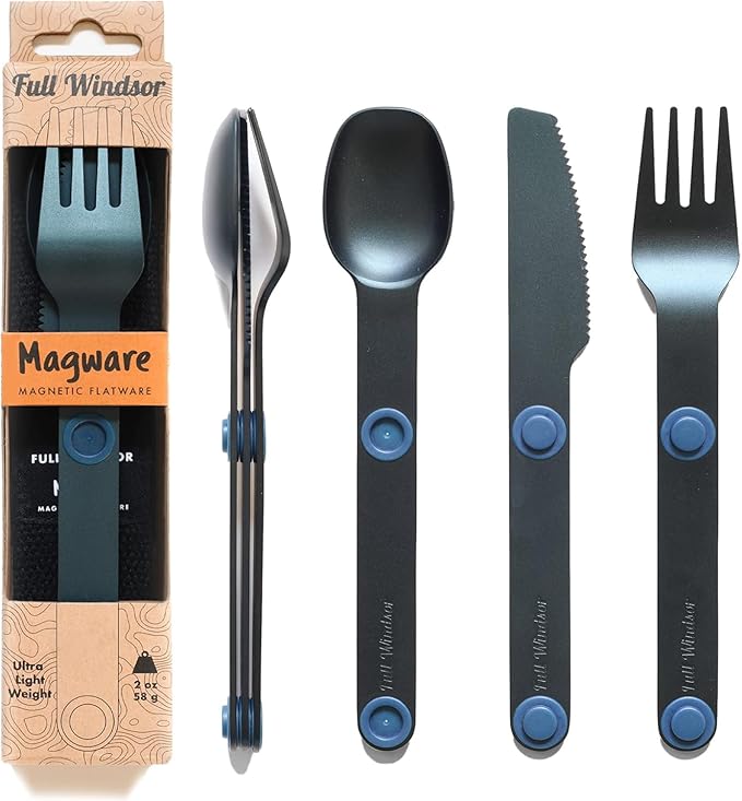 FULL WINDSOR - MAGWARE Magnetic Camping Cutlery Set - Travel Utensils for Camping Cooking and Outdoor Dining - Knife Fork &amp Spoon - Portable Silverware with Pouch - Blue (3 PCS)