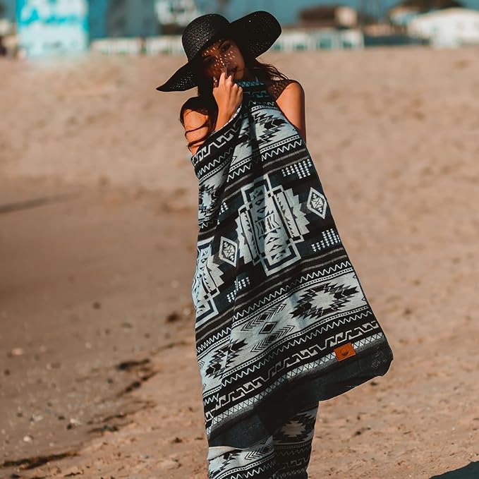 Off the Grid Inca Aztec Throw Blanket | Southwest Indian Navajo Boho Style | Native Woven Western Cover for Camping Bedding Couch (King Cotopaxi Slate)